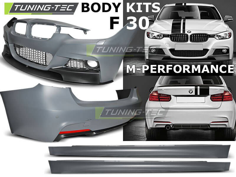 Комплект обвеса BMW F30 M-Performance (2011-...).
В комплект входят:
- передний бампер
- задний бампер (с вырезами под парктроники)
- накладки на пороги