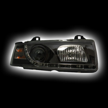 Альтернативная оптика для BMW E36 2D `92-`98 фары,с дневными ходовыми огнями , стиль А5, линза, черные NO (тюнинг оптика, цена за комплект)
