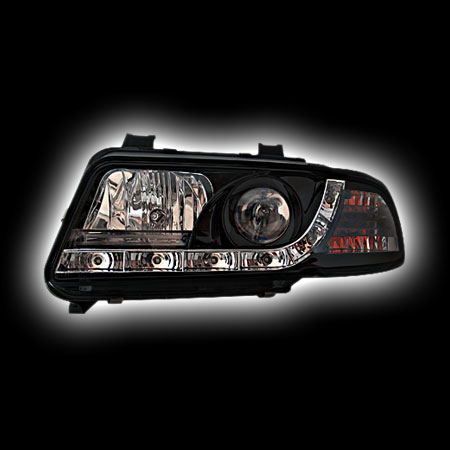 Альтернативная оптика для AUDI A4 `95-`98, фары,с дневными ходовыми огнями , стиль А5, линза, черный (тюнинг оптика, цена за комплект)
