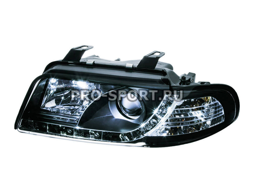 Альтернативная оптика для AUDI A4 `99-`00, фары, габарит-полоса, стиль А5, прожектор, черный SK3400-ADA499-JM  (тюнинг оптика, цена за комплект)