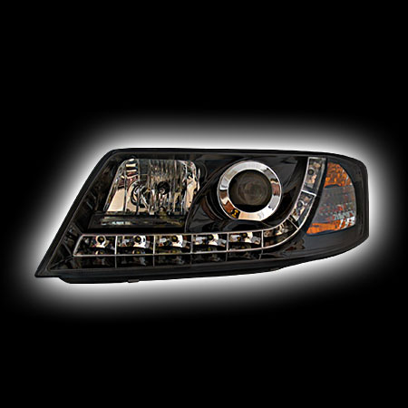 Альтернативная оптика для AUDI A6 `97-`00, фары,с дневныим ходовыми огнями , стиль А5, линза, черный (тюнинг оптика, цена за комплект)