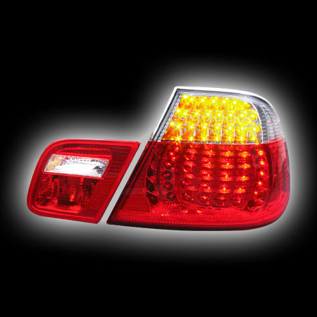 Альтернативная оптика для BMW E46 `99-`03 COUPE/CONVERTIBLE, фонари задние, светодиодные, красные с белым, со светодиодным поворотником (тюнинг оптика, цена за комплект)