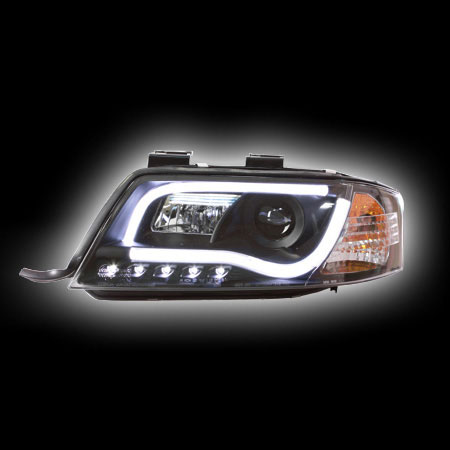 Альтернативная оптика для AUDI A6 `97-`00 фары с дневными ходовыми огнями, линза, светодиодная трубка габарит, черные, 