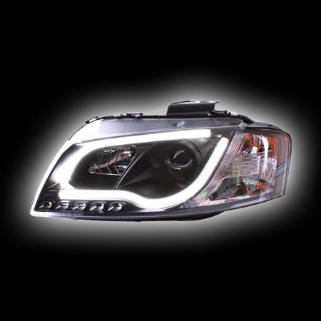 Альтернативная оптика для AUDI A3 `03-`08 фары с дневными ходовыми огнями, линза, светодиодная трубка габорит, черные, 