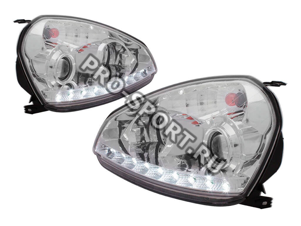 Альтернативная оптика для Lada Priora с дневными ходовыми огнями, линза, хром (тюнинг оптика, цена за комплект)