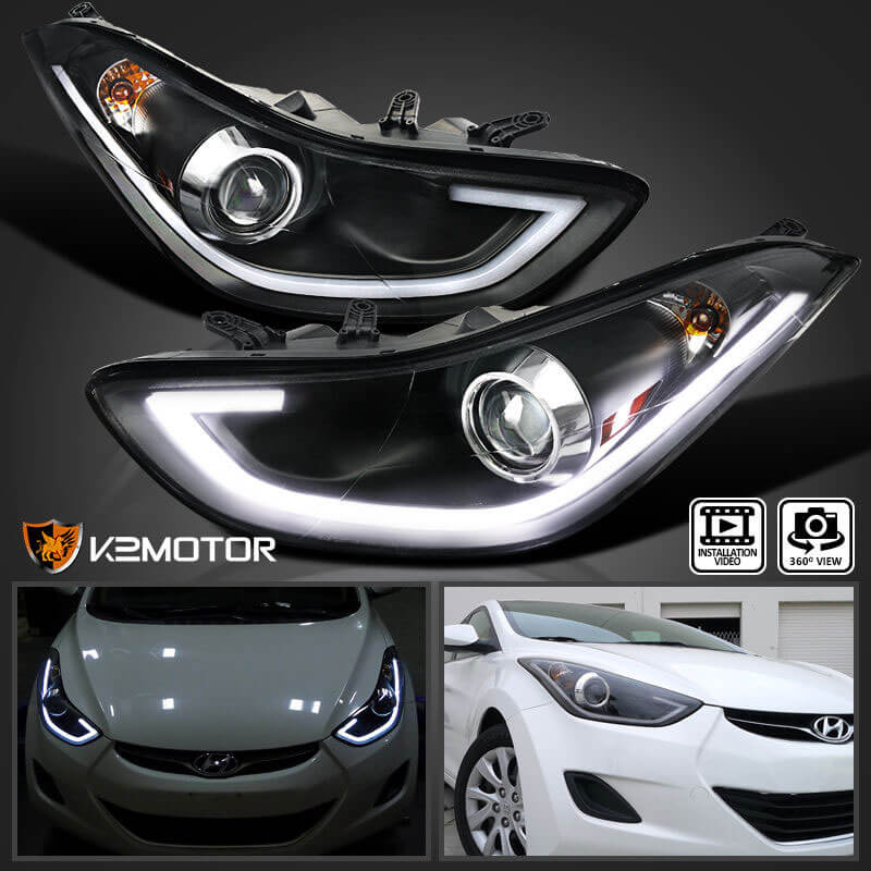 Альтернативная оптика для 2011-2013 Elantra 4Dr Black Clear LED Daytime Light Bar Projector Headlights (тюнинг оптика, цена за комплект)