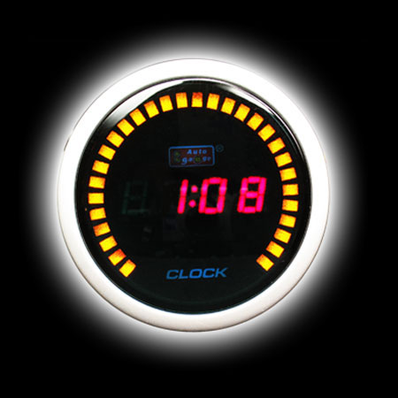 Электрические часы 52mm, красная подсветка, черный циферблат, серебр. кольцо 