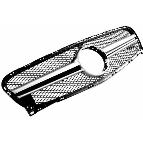 Решетка радиатора Mercedes GLA X156 в стиле AMG. 
Год выпуска: 2014-...
Материал: ABS-пластик.
Цвет: черный / серебряная центральная полоса.
Решетка без эмблемы и центрального крепежа, переставляются с оригинальной решетки