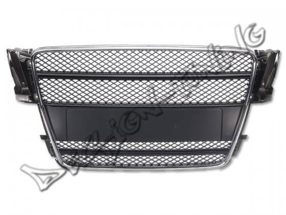Решетка радиатора Audi A5 B8. 
Год выпуска:  2007-.
Материал: ABS - пластик.
Цвет: черная/хром.
без логотипа.